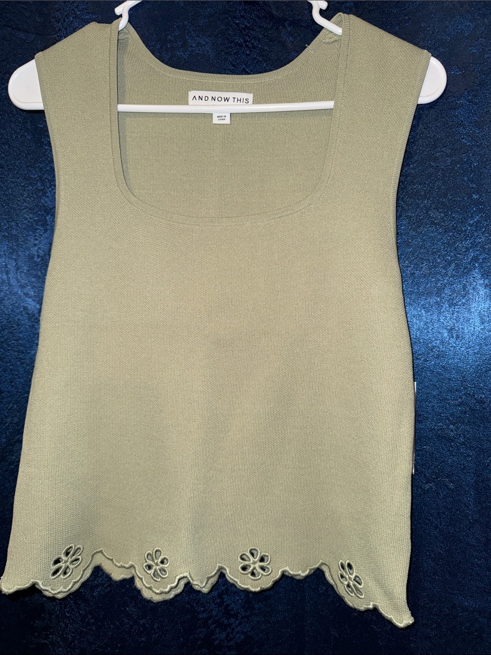 AND NOW THIS Olive Green Sleeveless Knit Tank with Scalloped Floral Hem